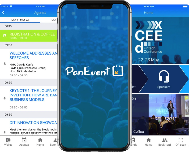 panevent mobile app screens